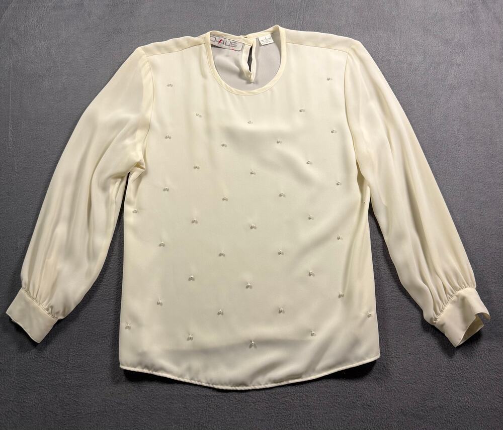 Chaus Vintage Pearl Beaded Blouse Top Ivory Cream Long Sleeve Size 6
